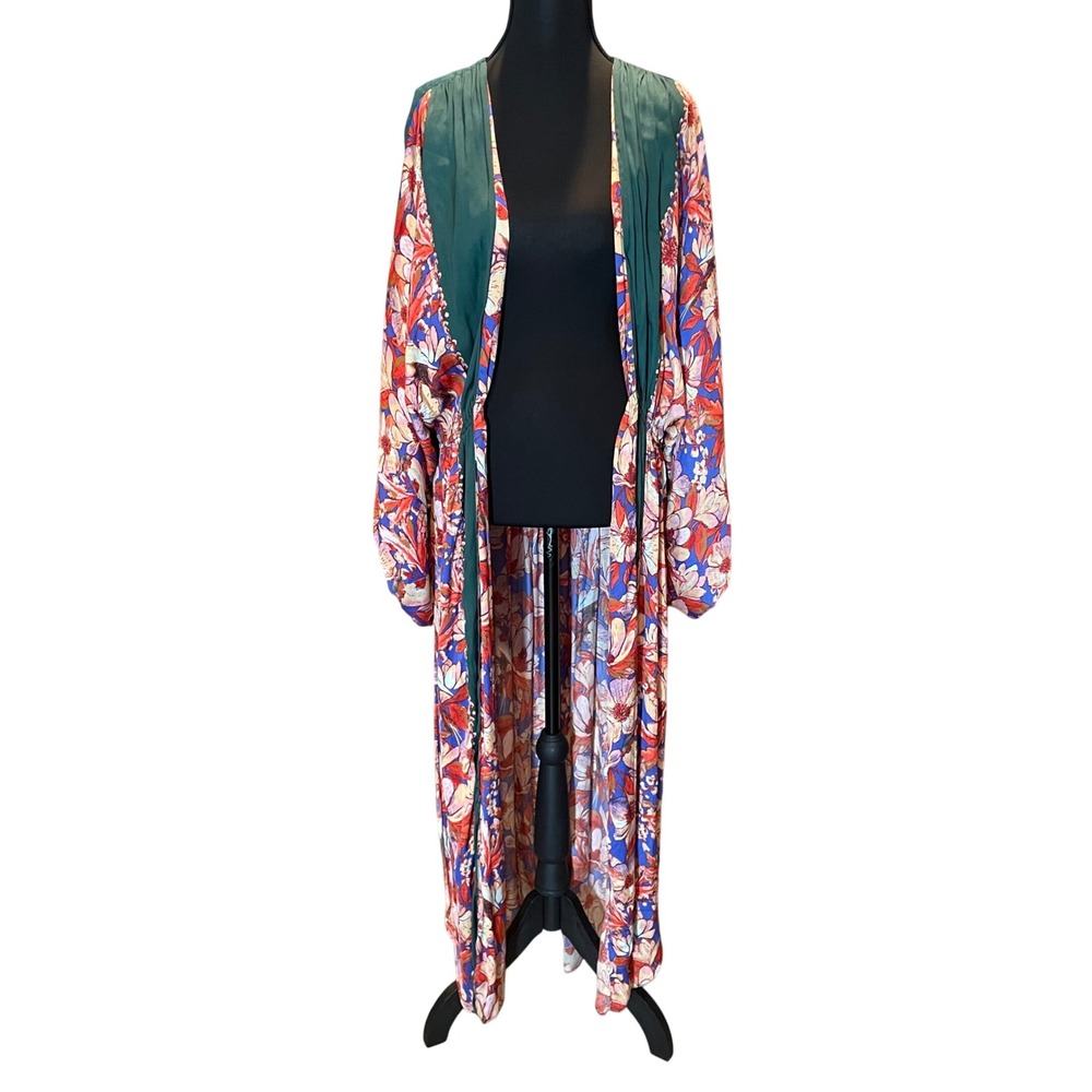 Free People Intimately In Bloom Floral Duster Kimono Green Red Blue Maxi XS Boho